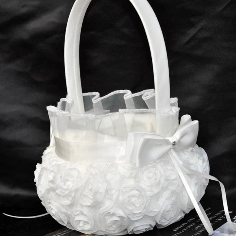 H05 Pure sweet ivory rose lace artifical flower hanging basket flower girl gathering basket wedding accessories