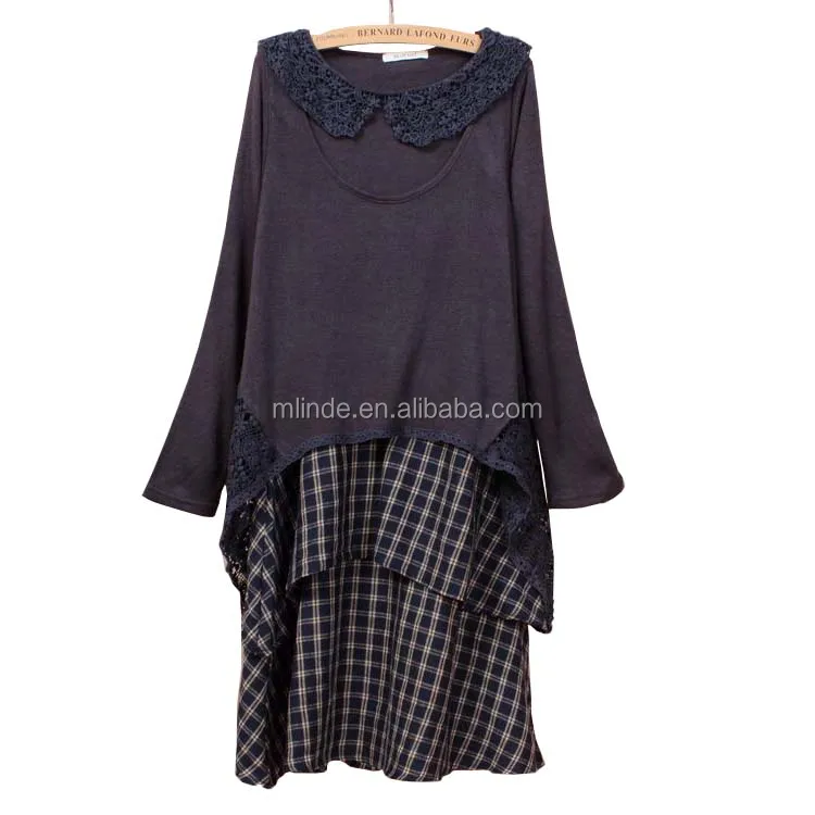Latest Dress Designs Guinea Brocade Fabric Wholesaler Crochet Neck Brown Dark Gray Lace Panel Top Plaid Two Pieces Dress