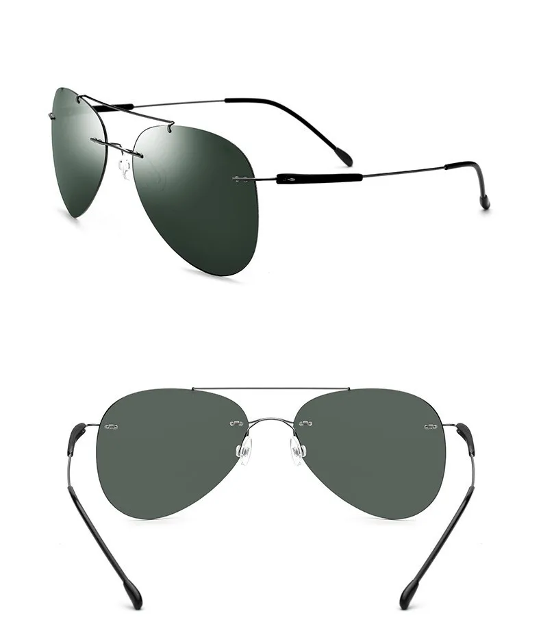 Rimless Double Bridges  Titanium Frame Luxury Sun Shades Sunglasses with Oval Polarized Lens