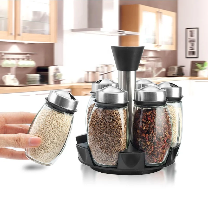 High quality stainless steel Rotary  Spice Jar set Glass condiment pot/bottle with spice rack