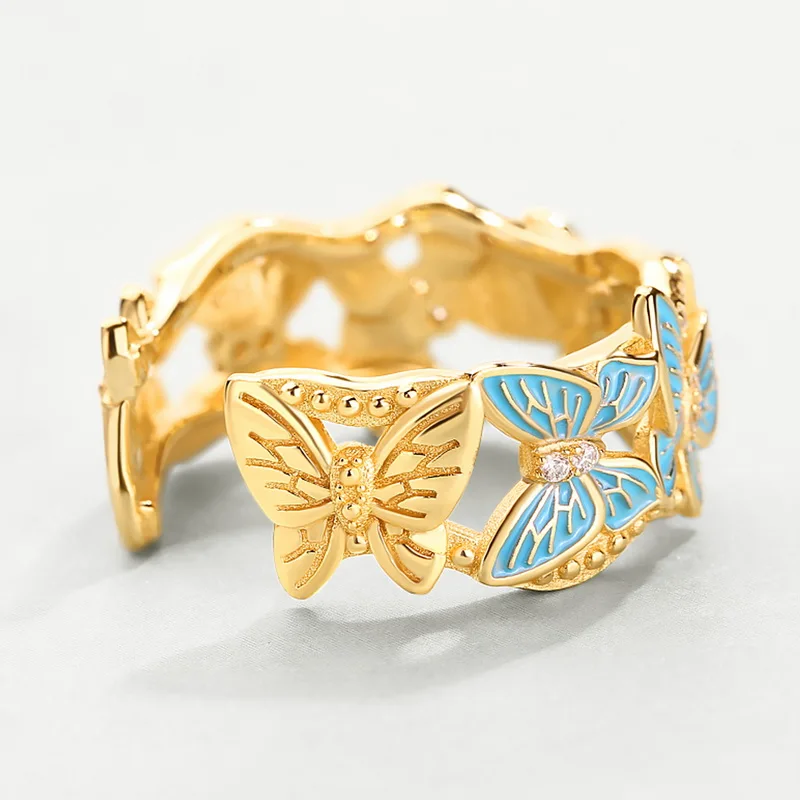 Vintage design gold jewelry S925 Sterling silver handmade enamel butterfly ring