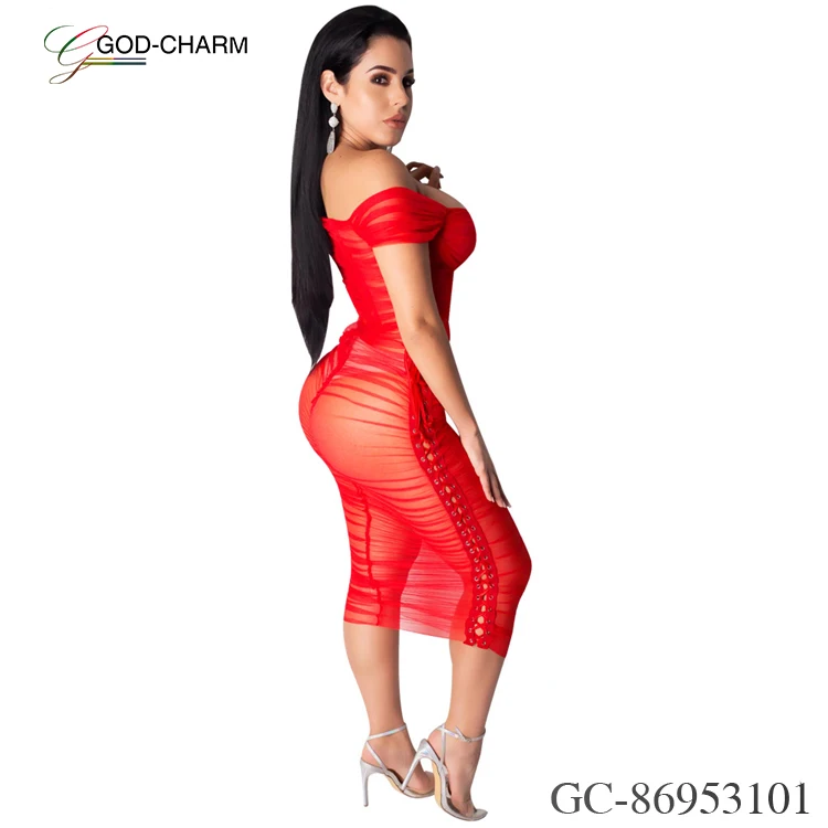*GC-86953101 2022 new African clothing God-Charm wholesale sexy off-shoulder eyelet see-through mesh dress for nightclub wear