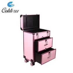 Custom Aluminum Trolley Hairdressing Beauty Nail Polish Case with Draws Wheels