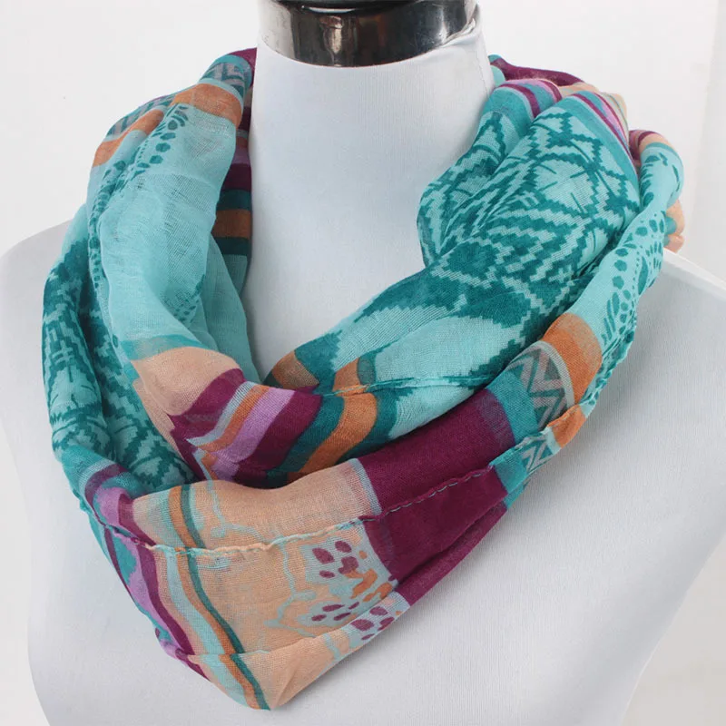 Cenrui Womens Double Hidden Zipper Pocket Infinity Loop Scarf Boho Style Floral Striped Printed Contrast Color Wrap Shawl