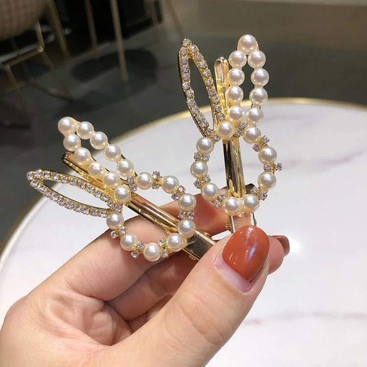 Sweet cute women girls gold plated pearl rabbit barrettes hair clip