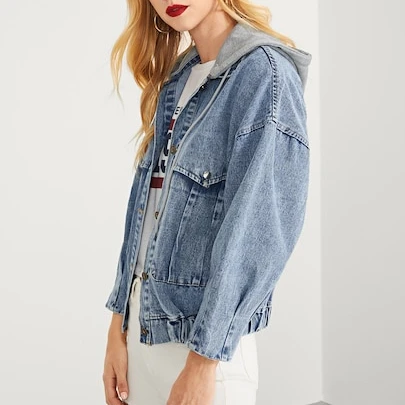 Bleach wash faded hooded women denim jeans jacket