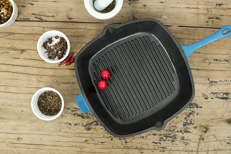 Color Enamel Cast Iron Steak Korea BBQ Grill Pot Pan For Fireplace