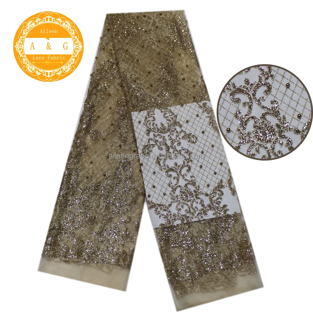 
100% полиэстер золотой блеск тюль кружевной ткани с бисера для одежды платье 