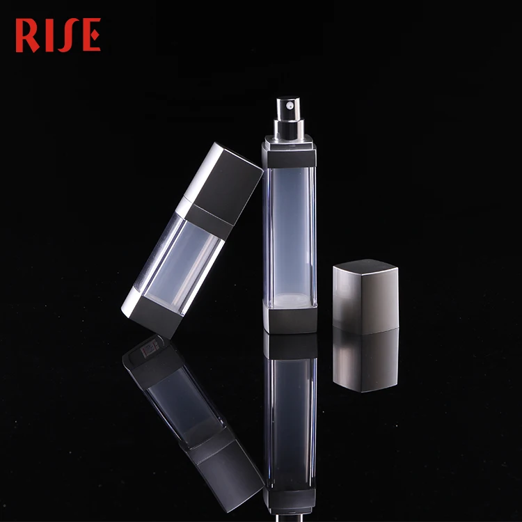
RISE 30ml 50ml square shaped double wall frosted acrylic airless pump bottle with matte silver cap 