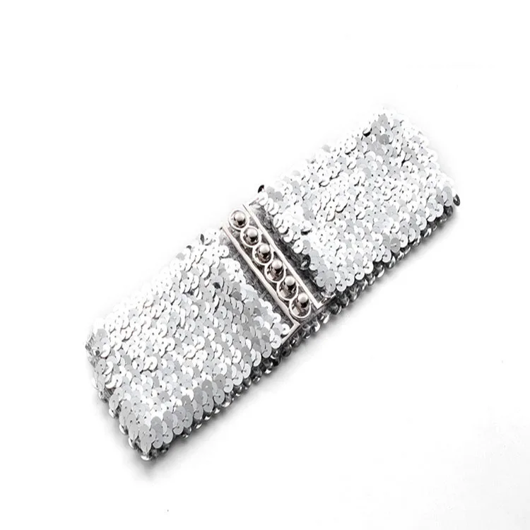 European and American style  Sequins elastic belt   Lady belt with  Steel ball  buckle