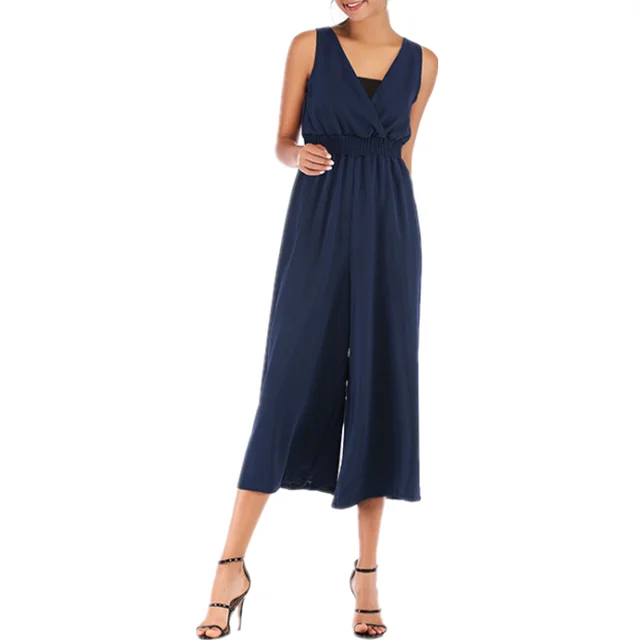 
New style V neck waist-tight nine points length wide leg women chiffon jumpsuits 