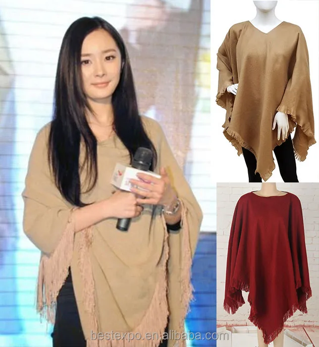 
woman pure color V-vest cashmere poncho new fashion cape coat with fringe 