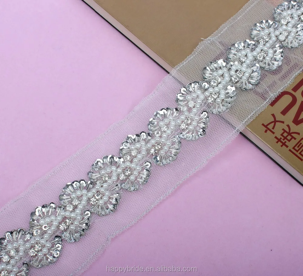 Lace Imitation pearl Beaded Trim with Sequins Handmade LO10012
