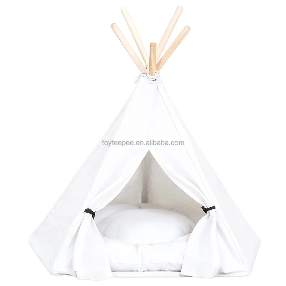 
24 inch White Portable Dog Bed Pet Teepee Tent with Cushion and Pine Poles 