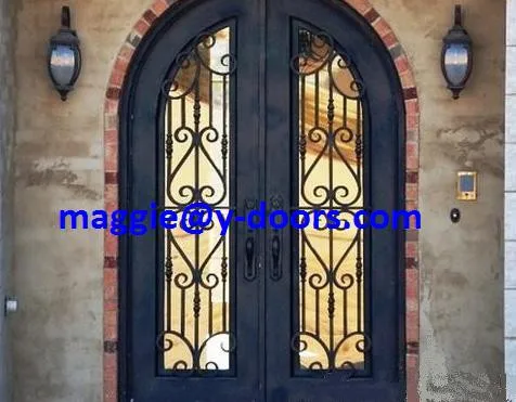 full rounded top Double entry door wrought iron door main steel security door with kick plate