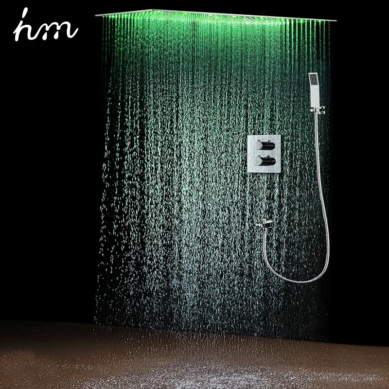 3 Colors Change Led Light Square Brass Big Shower Head , Bathroom Rainfall Mode Shower Sets