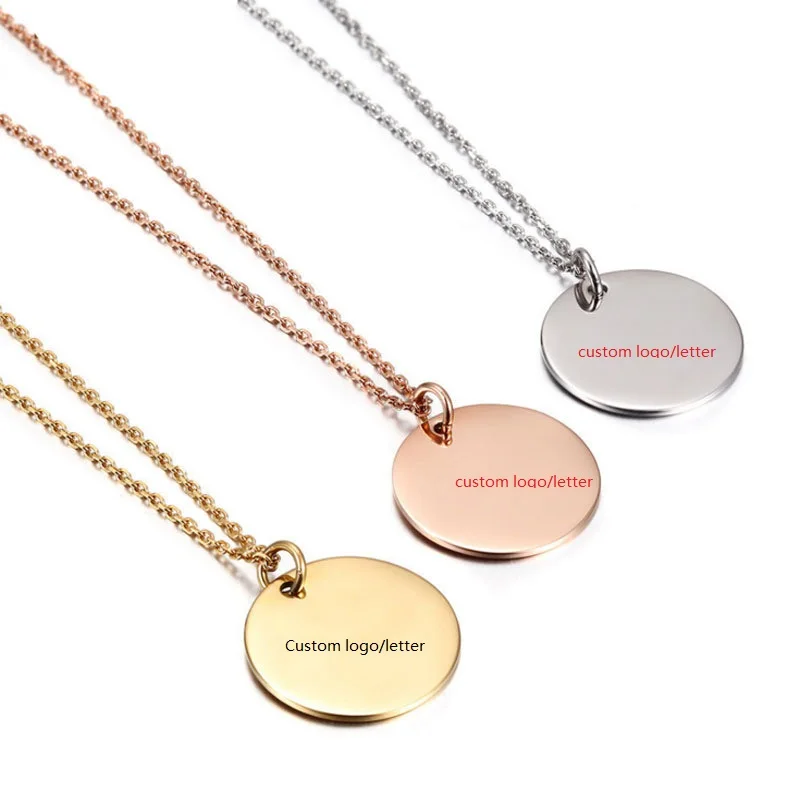 Custom stainless steel necklace wholesale 18k gold chain engrave letter initial blank disc necklace