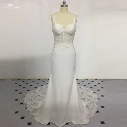 LZ280 Ivory Appliques Cut-out Train Beaded Mermaid Wedding Dress See Through Corset Sexy Beach Dress