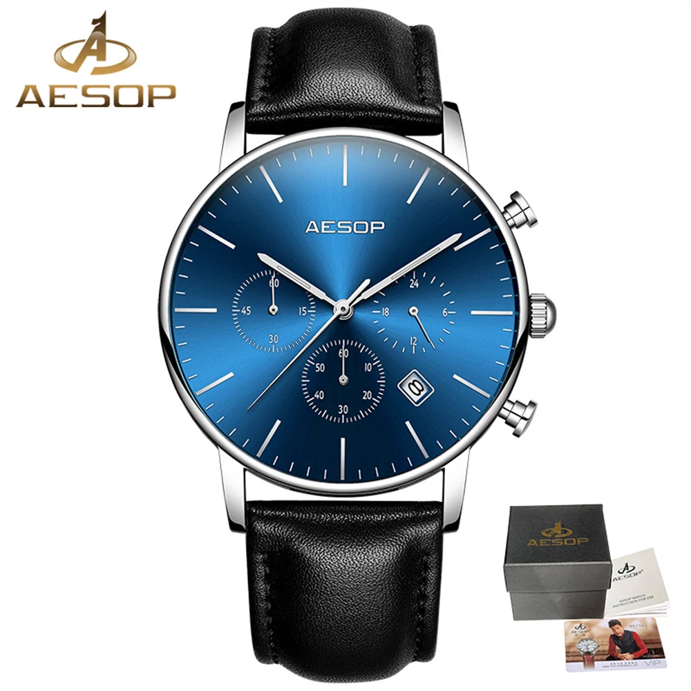 AESOP Brand Fashion Men Watch Black Thin Leather Chronograph Quartz Wristwatch Waterproof Male Clock Relogio Masculino Hodinky