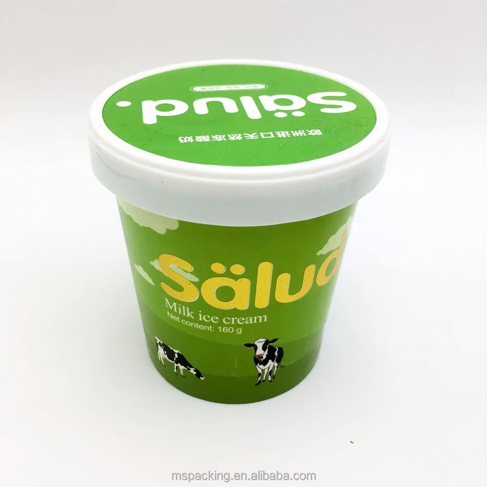 Custom design disposable ice cream paper cups and plastic lids company brand logo printed paper ice cream cup with lid and spoon
