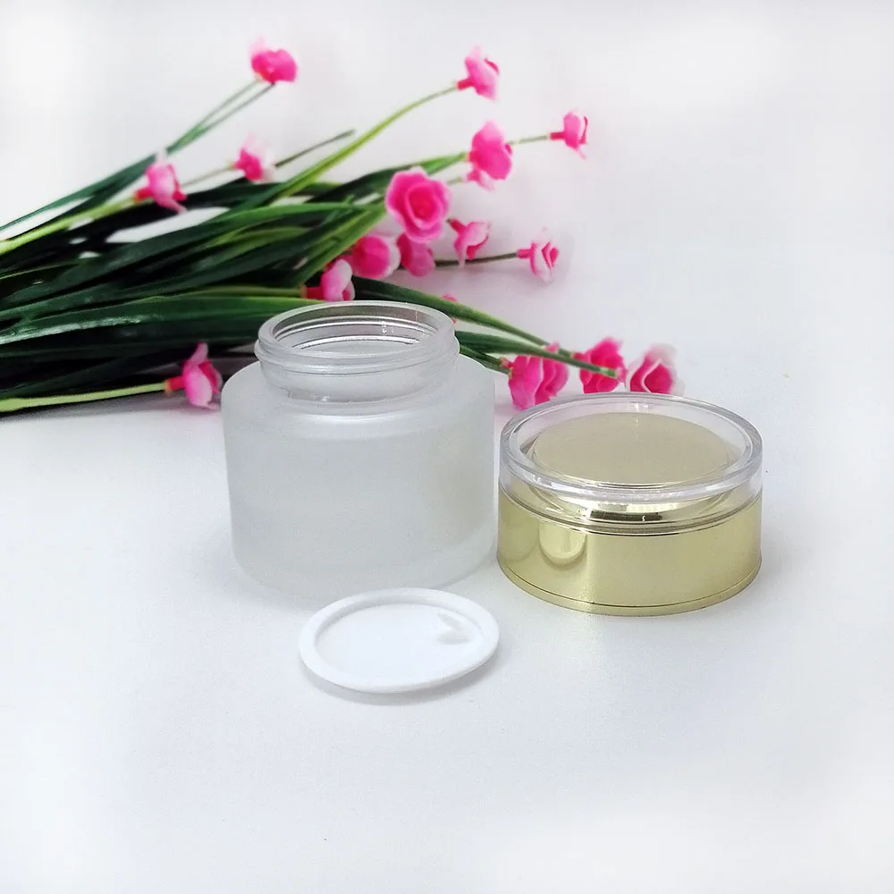 50g glass frosting cream empty bottle with acrylic gold lid Cosmetic glass jar Skin care packaging container