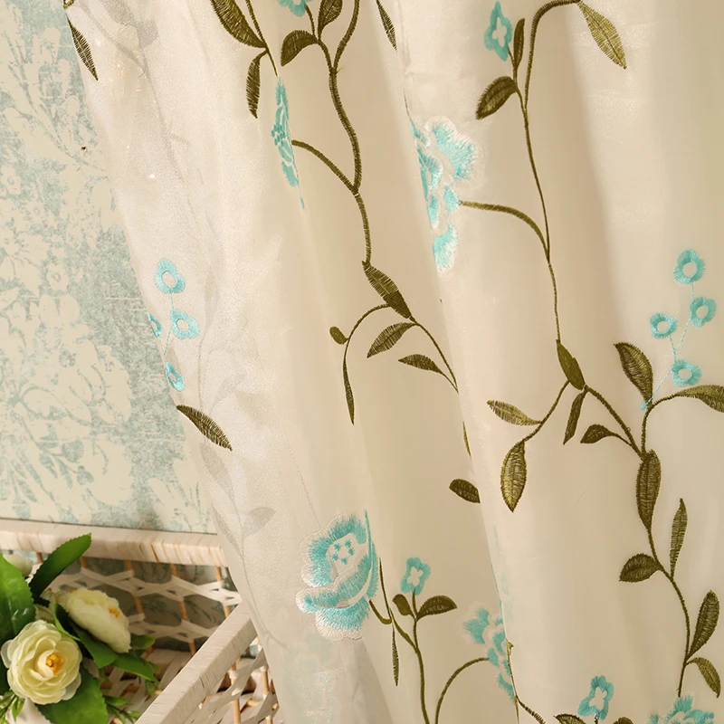 Blue Flower Fancy USA Embroidery Sheer Curtain With Backing Wholesale Luxury Bedroom Valance Curtains