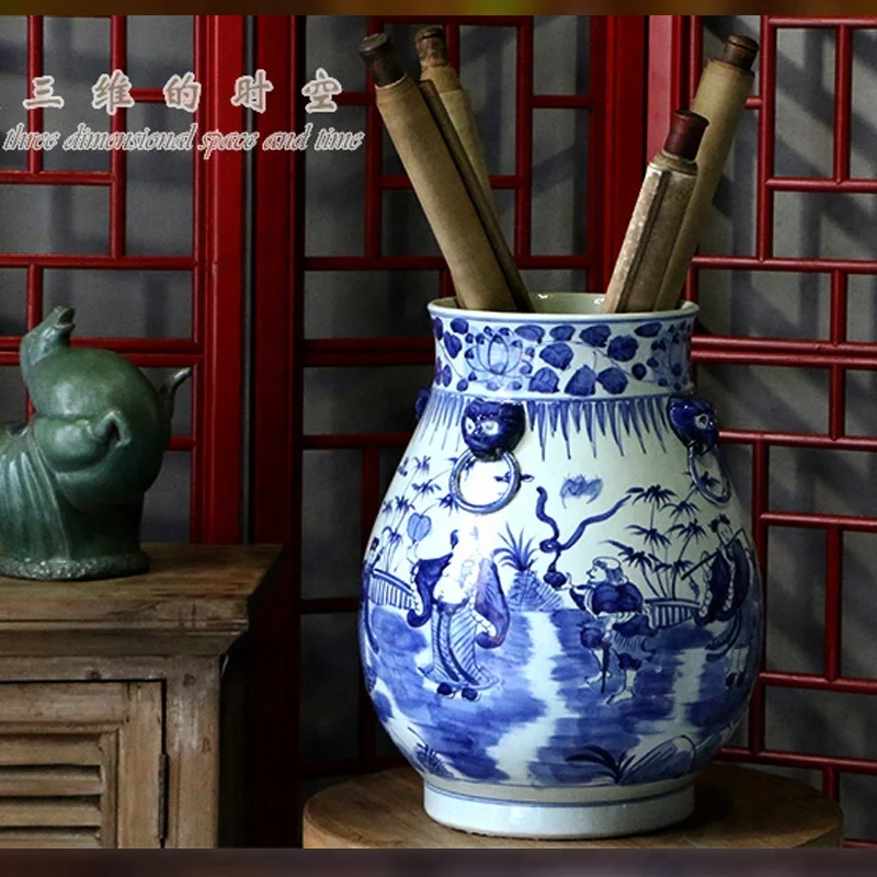 Bule and white porcelain home decorate ,big antique ceramic jar for pictures ,umbrella and fish with good price and high quality