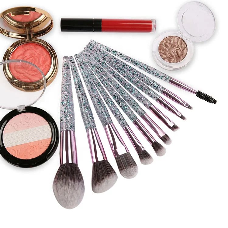 
Amazon hot sale fashion 10pcs glitter diamonds acrylic handle powder soft hair face makeup kits 