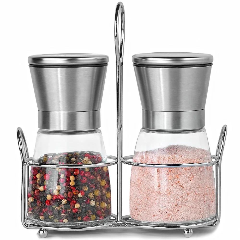 High Quality Glass & Stainless Steel Premium Salt & Pepper  Spices Grinder Mill  with Metal Holder