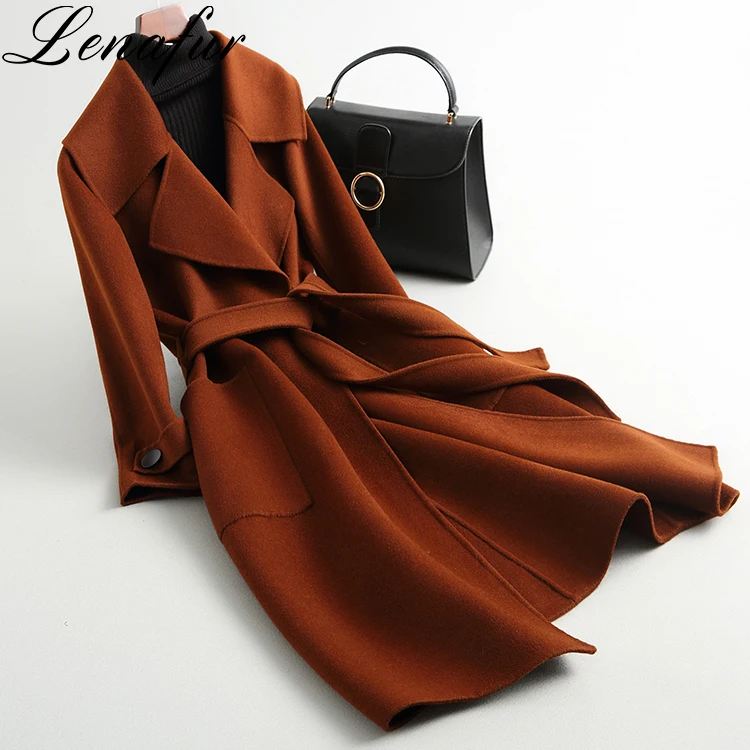 2021 Fashion Custom Made Wholesale Loose Long Wrap-Tie Belt Double Faced 100% Lamb Sheep Cashmere Wool Fur Coat for Women
