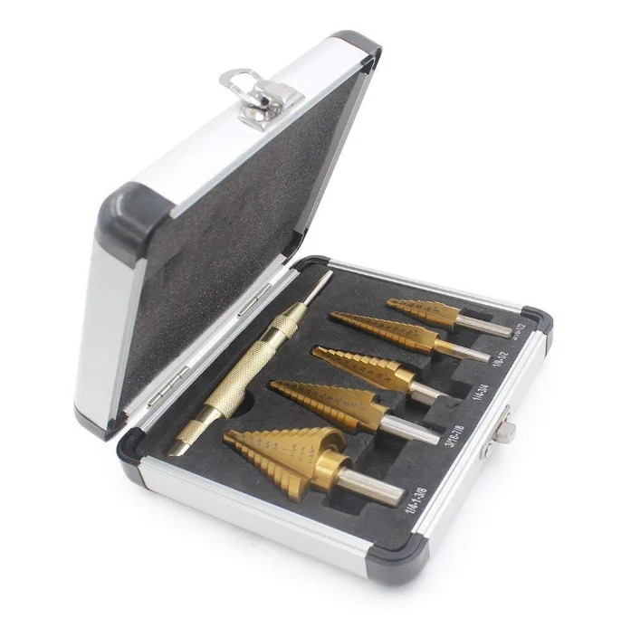 Step Drill Bit Set  6pcs  HSS Titanium  2 Flute 3 Side Shank Design with Automatic Center Punch for metal