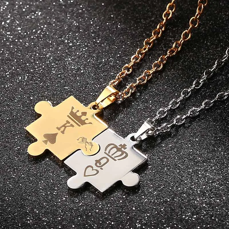 Letters Couple Pendant with Crown Stainless Steel Pendant King Queen Necklace