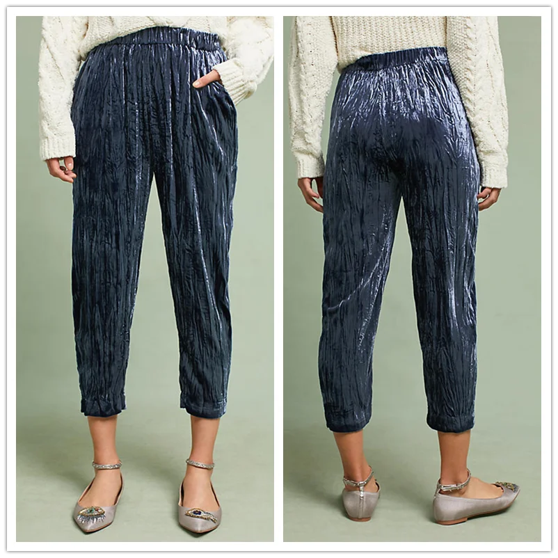 2017 Новый стиль Лидер продаж осень/зима одежда женские повседневные блестящие velevt плиссированные штаны с эластичной талии