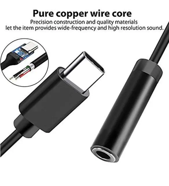 Black Type C/USB C to 3.5mm Headphone Audio Jack Adapter USB-C to 3.5mm Female Aux Microphone Cable for Cell Phones