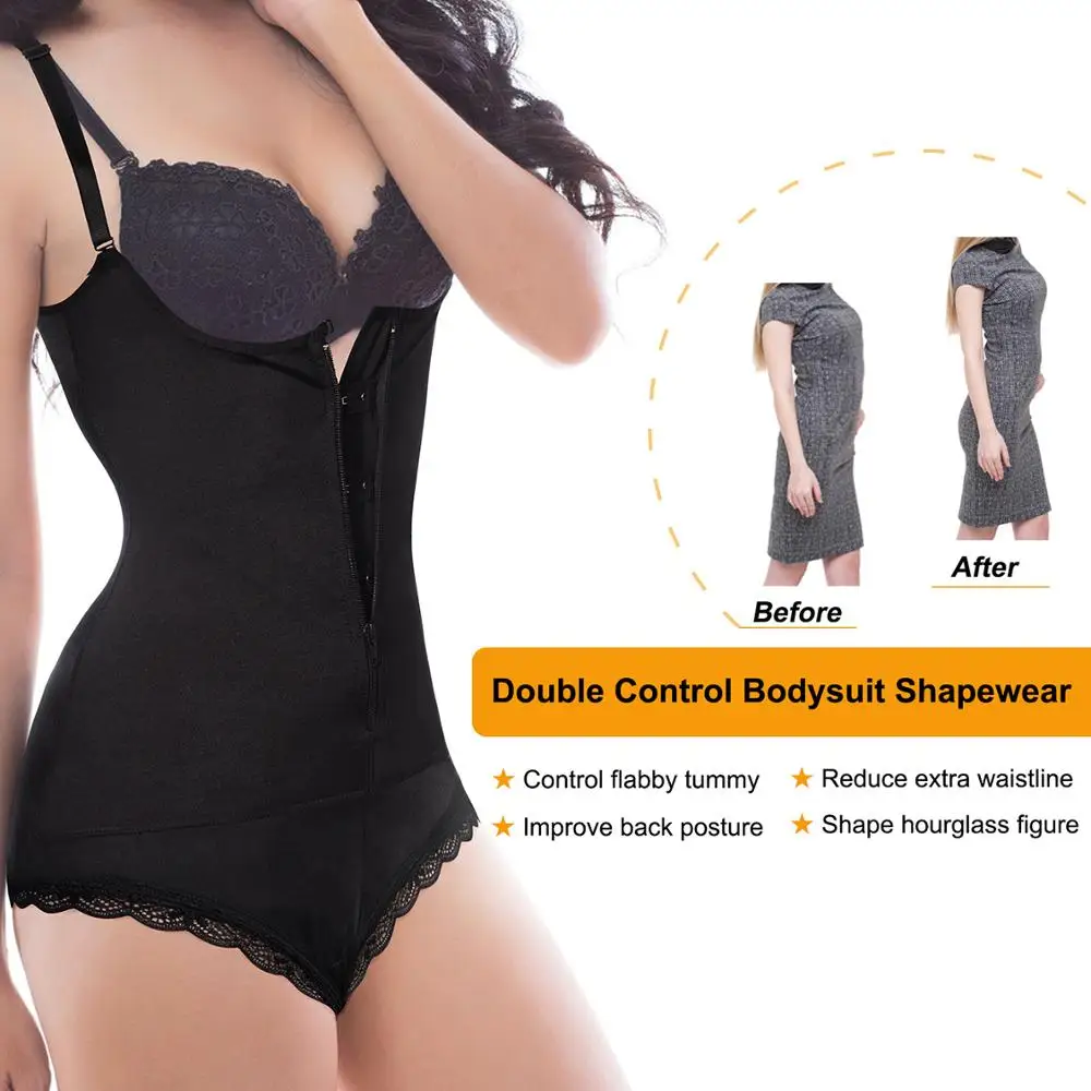 Women latex shapewear lace bodysuit tummy control waist trainer corset open crotch plus size zipper body suit shaper