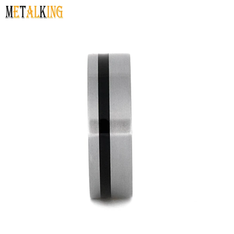 8mm Brushed Titanium Ring with A Thin Black Enamel Inlay Whiskey Barrel Wood Inner Mens Wedding Band
