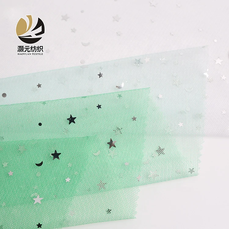 Светло-зеленый градиентный цвет 100 полиэстер Луна и звезда серебряные блестки тюль ткань для свадебного платья
