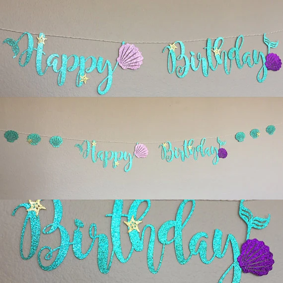 2018 Hot Sparkling Blue Mermaid Style Happy Birthday Bunting Banner Birthday Party Decoration