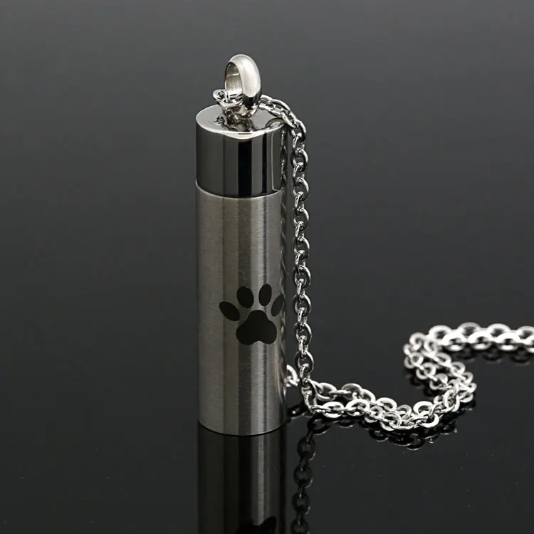 Cylinder dog paw design Low moq 316L stainless steel perfume necklace relatives pets ashes urn cremation pendant