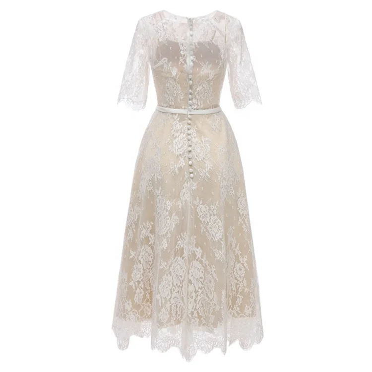 1617#Real PHOTOS Lace Half sleeve Tea-length A Line Vintage O-Neck Tea Length Bohemian Bridal Wedding gown vintage design