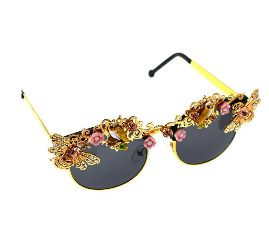 Handmade Luxury Baroque Rhinestone Flower Bee Sunglasses for Women Brand Female Sun Glasses Oculos Crystal Eyewear