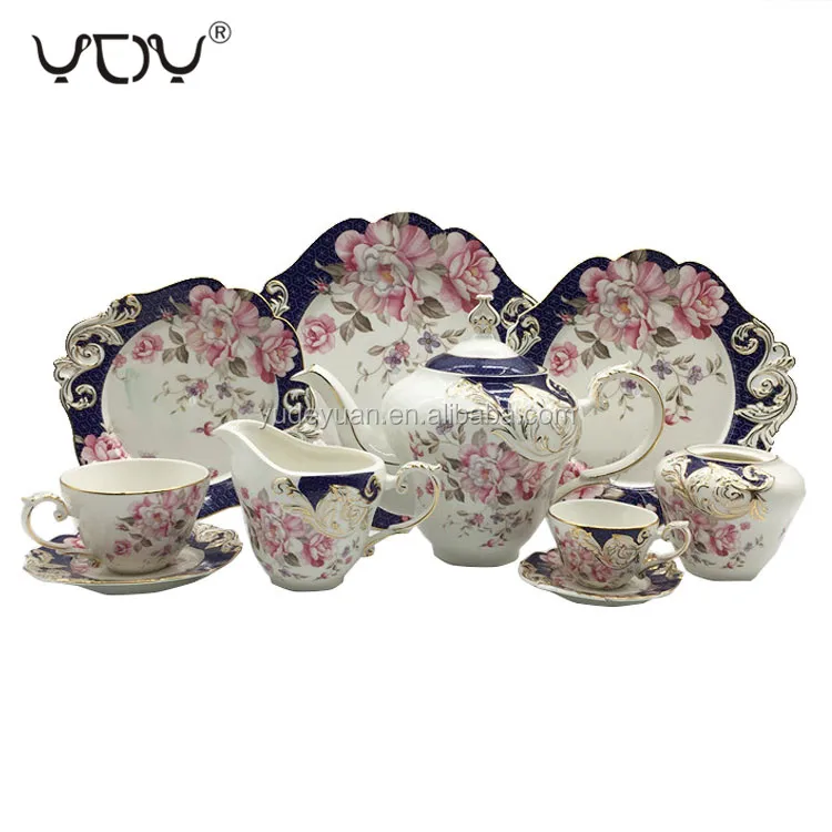 new bone china 24pcs western blue flower design wholesale fine royal porcelain tea cup sets