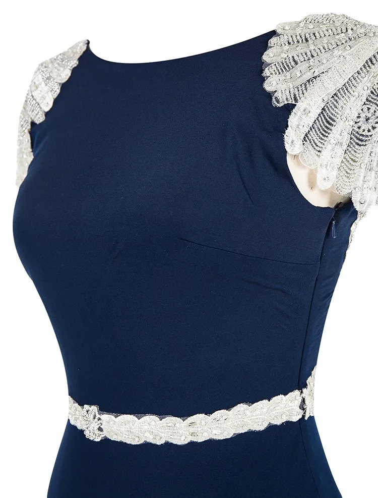 Graceful Full Length Sheath Lace Applique Navy Evening Dress for Women