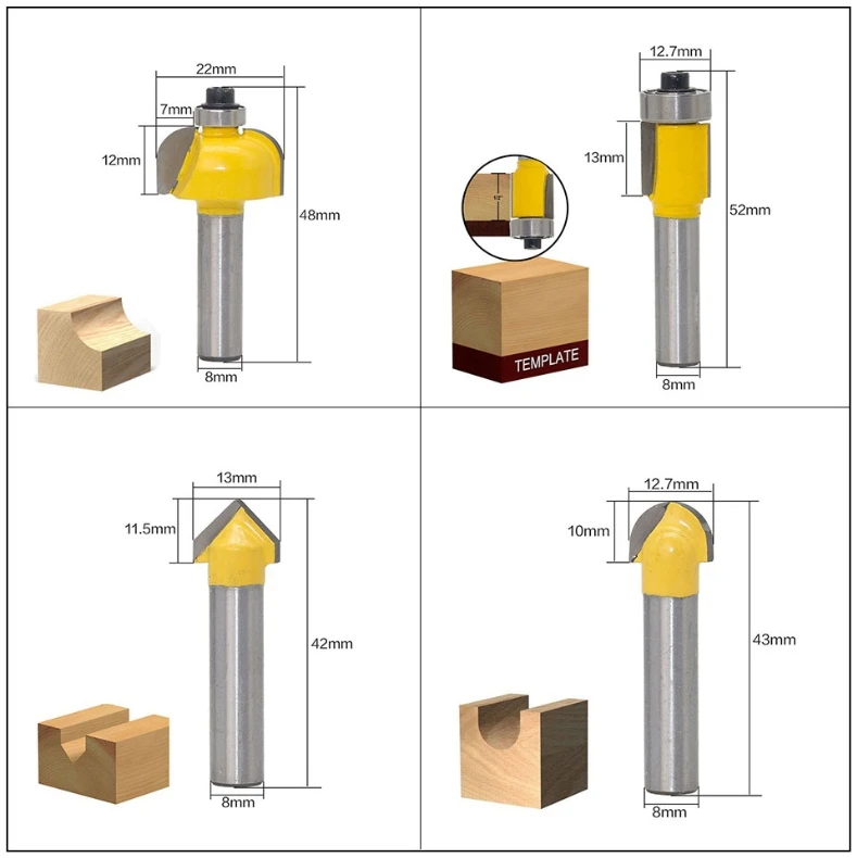 12pcs/set 8mm Shank Mill Woodworking Trimming Engraving Carving Milling Cutter Router Bit for sales