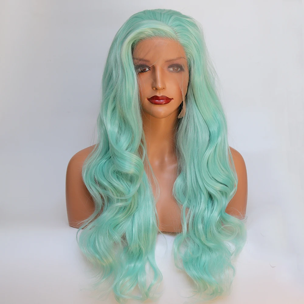 Fantasy Beauty Glueless High Temperature Heat Resistant Fiber Hair Long Wavy Mint Green Synthetic Lace Front Wig for Drag Queen