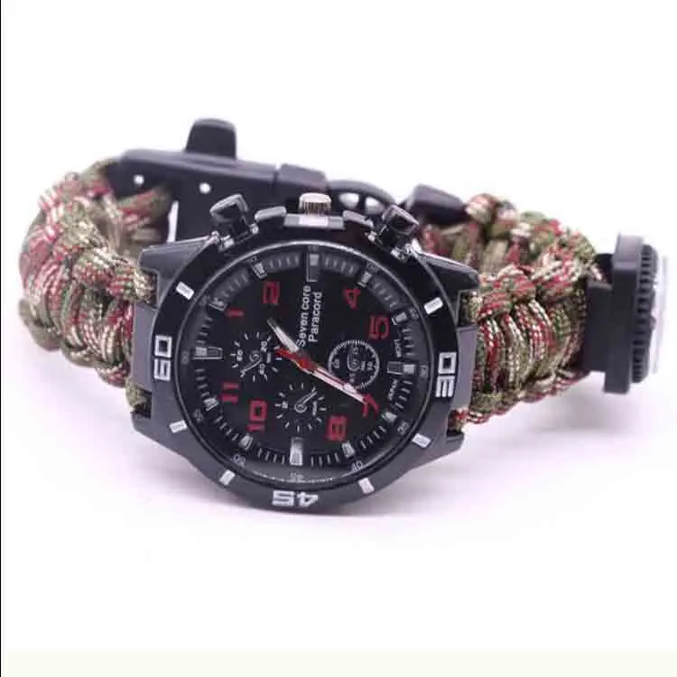 Multifunctional survival umbrella rope travel whistle watch waterproof compass thermometer parachute quartz watch