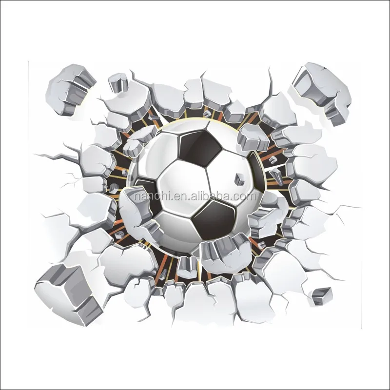 Football Soccer ball through the wall wall decals room decor 3d wall stickers kids boys room decoration