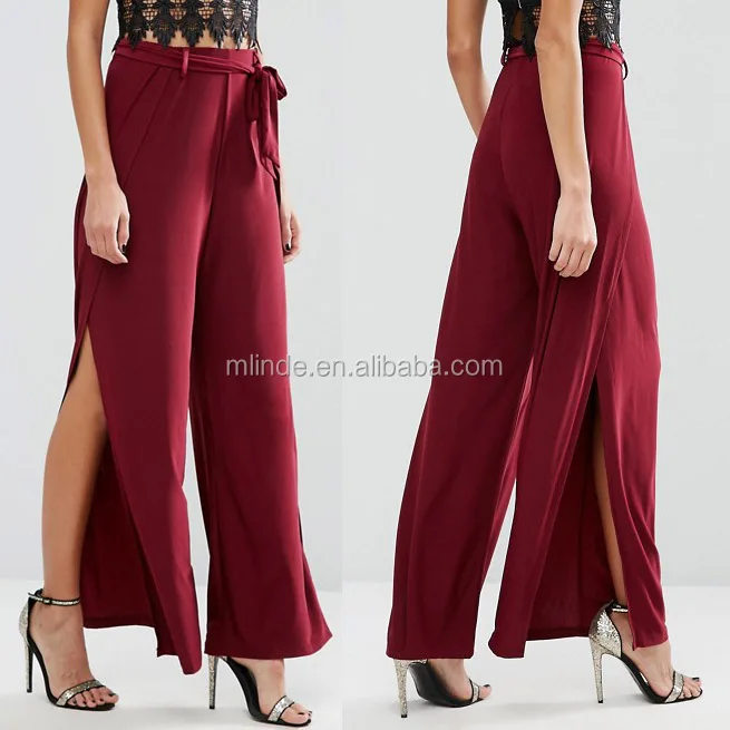 Fashion Lady Pants Split Hem Wide Leg Long Palazzo Pants Maxi Culottes Slinky Wide Trousers with Slits and Tie Design