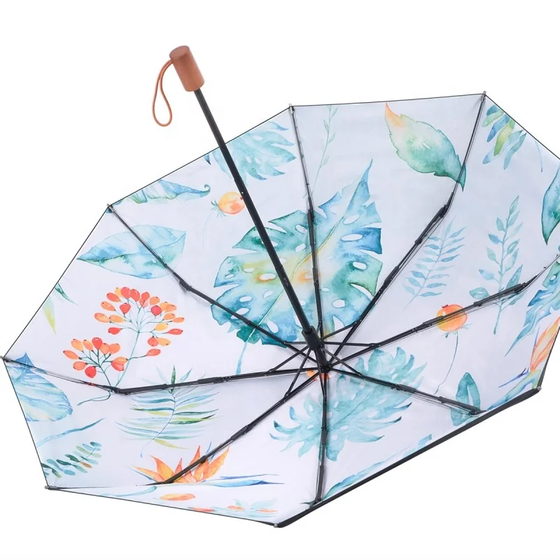 Standard size high quality anti uv 3 fold girl umbrella wooden handle umbrella