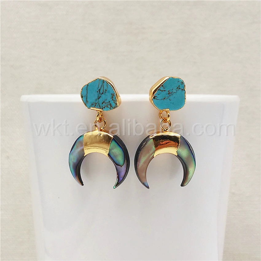WT-E301 Newest Design Natural Abalone shell crescent horn Earring, 24k gold plated turquoise charm crescent horn earrings
